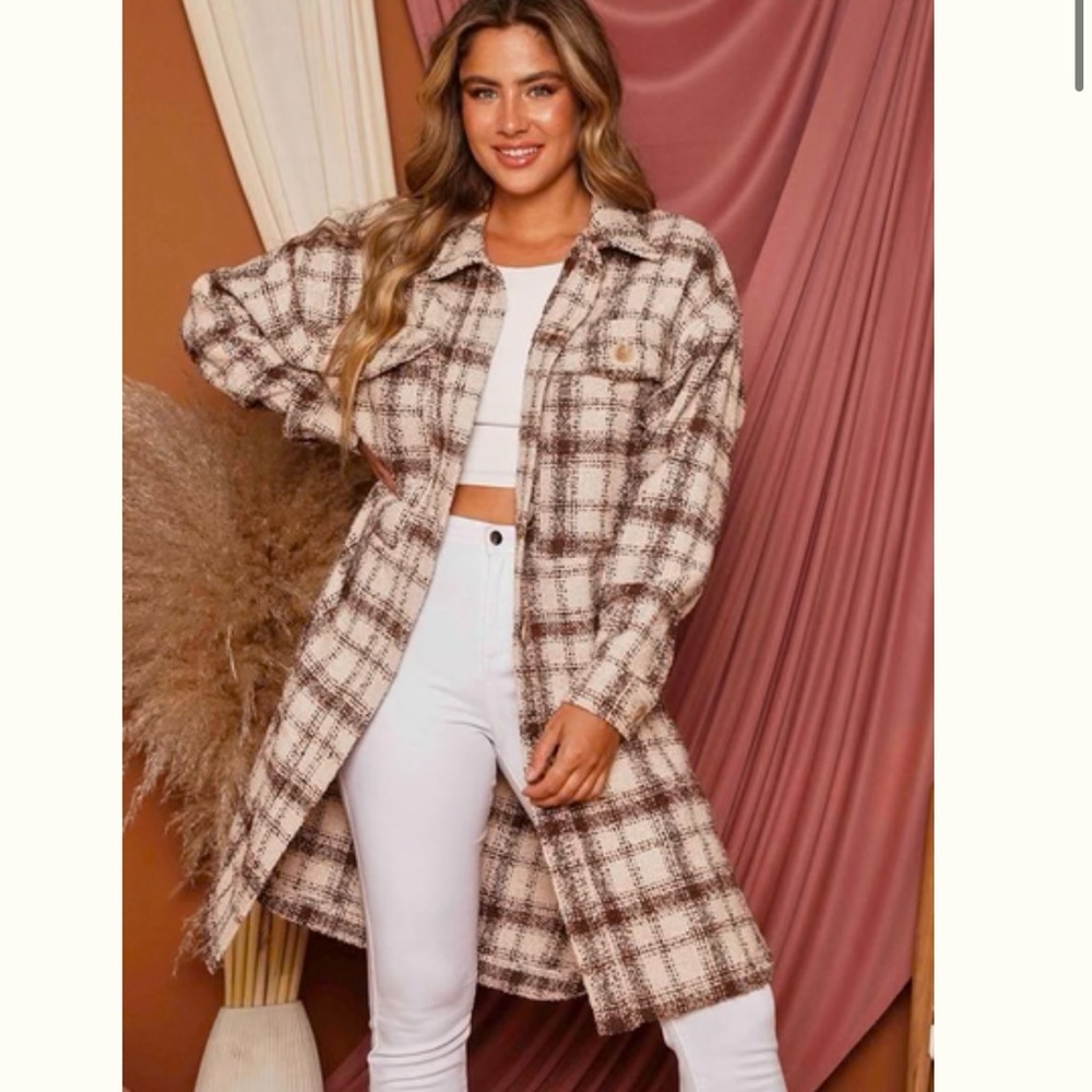Peach Love Longline Plaid Shacket Button Down Jacket Women’s Medium EUC